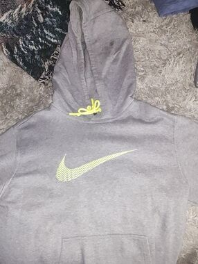 Nike Grey Hoodie with Neon Yellow Swoosh and Drawstrings